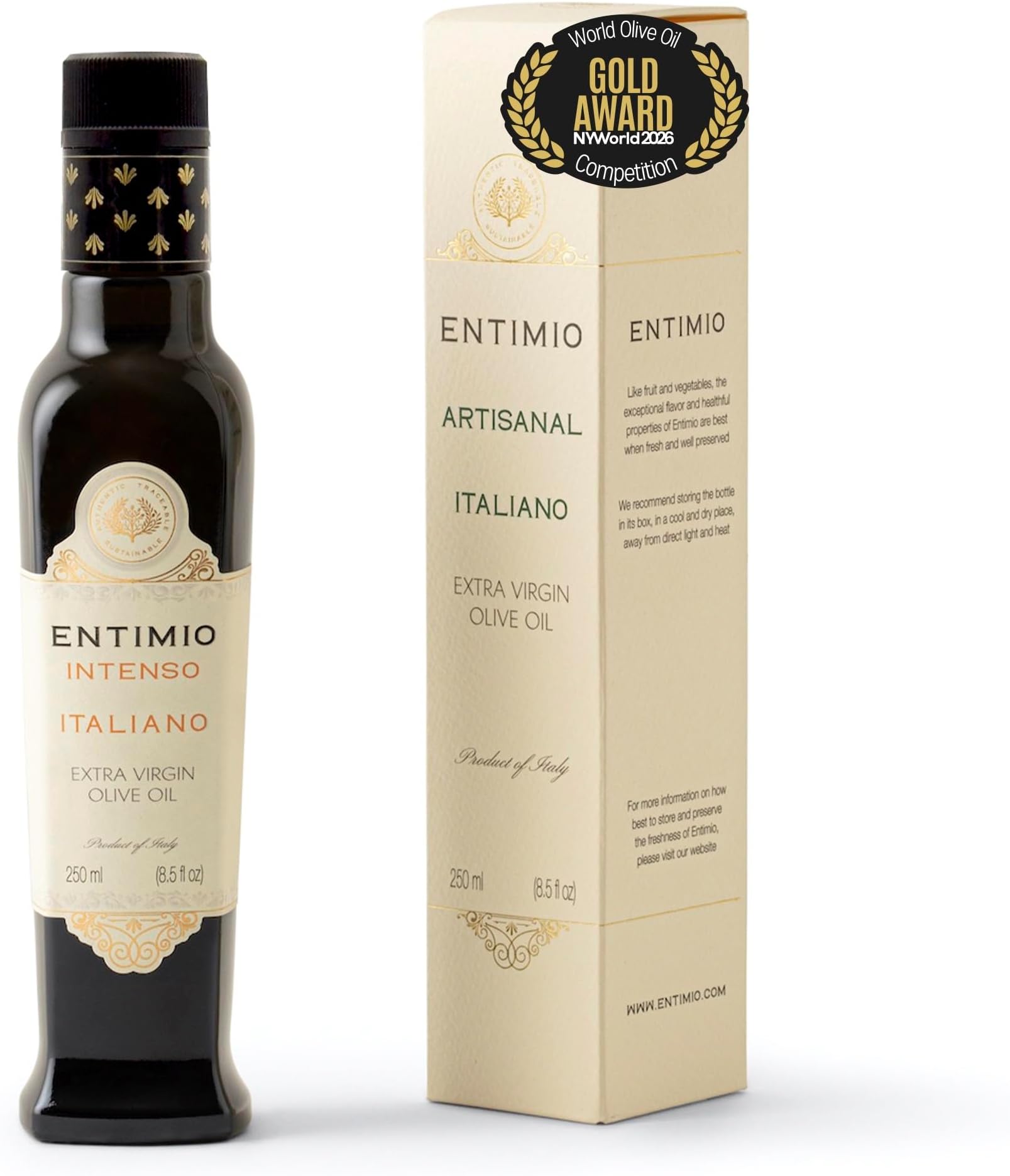 Entimio Intenso Organic Italian Extra Virgin Olive Oil from Italy, 1,000+ mg/kg High in Polyphenols, 2026 Gold Winner, Puglia Early Harvest evoo, Cold Extracted, Lab Tested - 8.5 fl oz