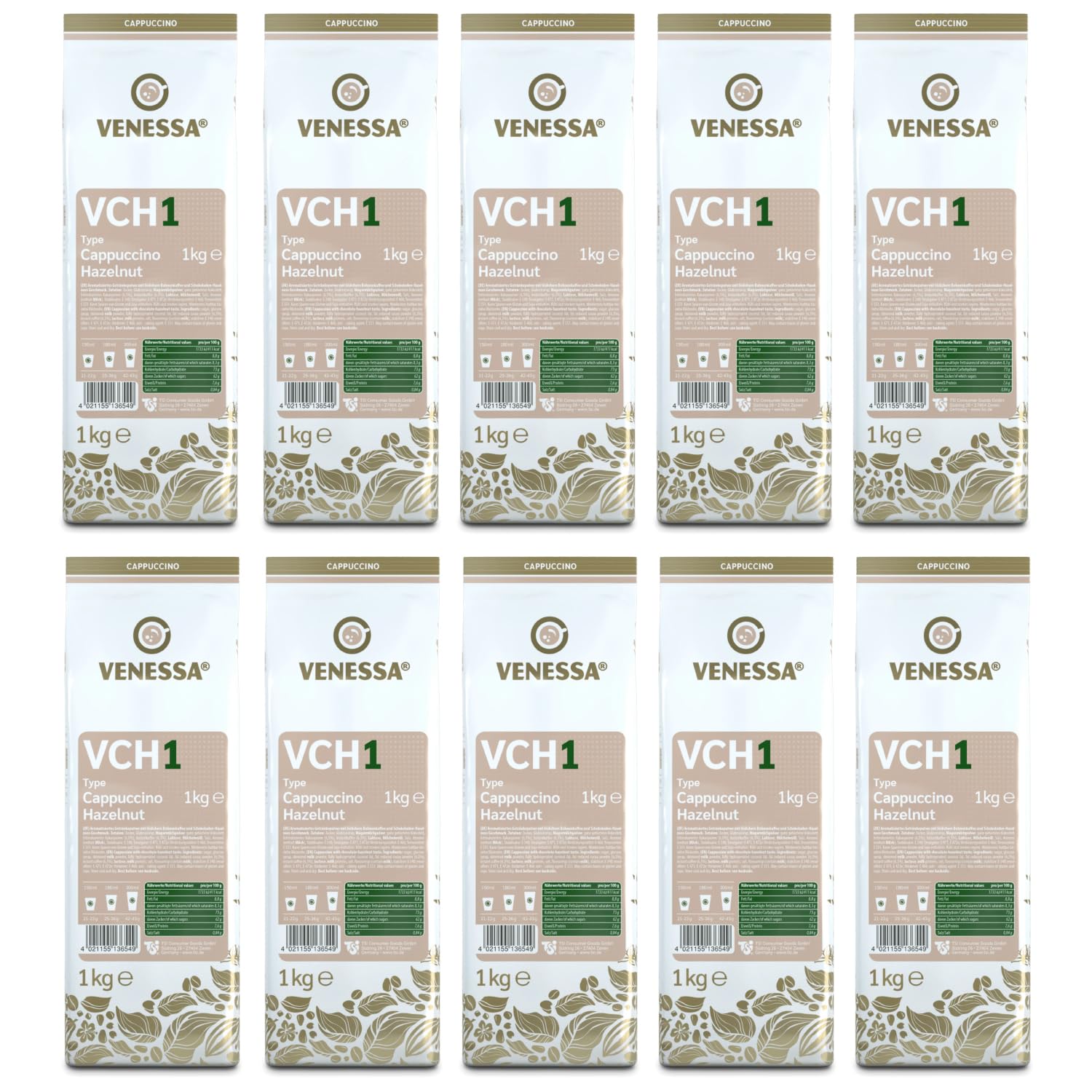 VENESSA VCH 1 Cappuccino orzech laskowy, 10 x 1 kg, bardzo wydajny, rozpuszczalna kawa rozpuszczalna o smaku orzechów laskowych, aromatyczna, kremowa, wszystkie ekspresy do kawy Vending & Office