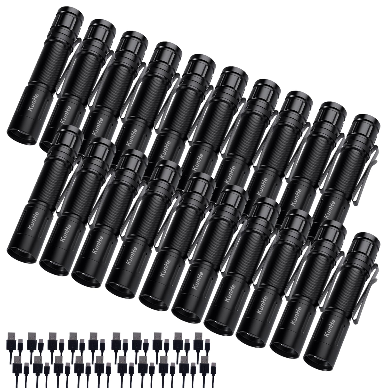 KunHe 20er-Pack LED Taschenlampe Aufladbar, Kleine Taschenlampe Set mit Gürtelclip, 180 Lumen Aluminium IPX4 Mini Flashlight für Arbeit Events Notfall