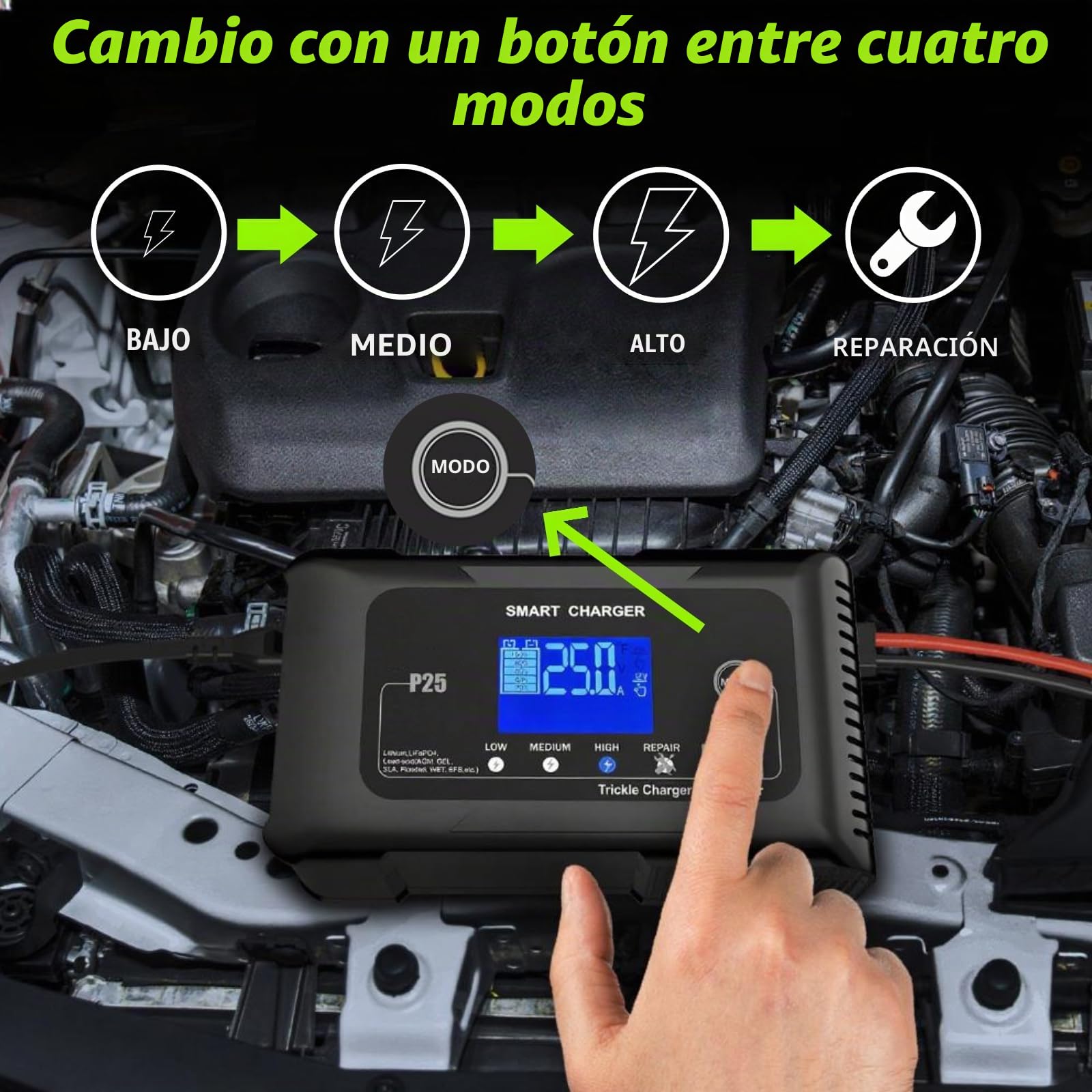 Cargador y mantenedor de batería Inteligente para Coche de 12V/24V y 25A,con 9 etapas de Carga y Pantalla LCD,4 Modos seleccionables para litio/LiFePo4/plomo-ácido/AGM,Compatible con Varios vehículos