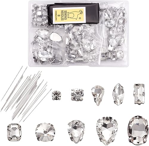 Miniatura 6 de Pandahall - 180 piezas de diamantes de imitación para coser en cristal, forma mixta transparente con agujas de coser de hierro para ropa, ropa,