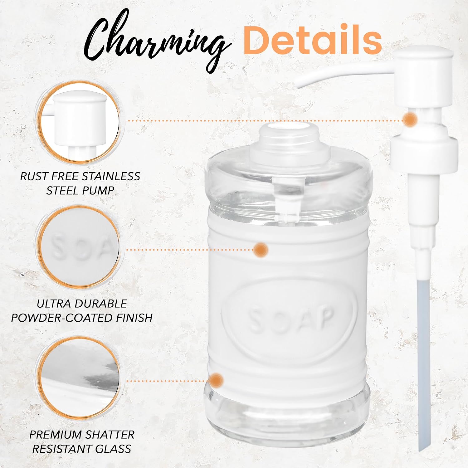 Autumn Alley Glass & White Metal Farmhouse Soap Dispenser for Hand Wash, Sanitizer, Lotion, Dish Soap – Rust-Proof Liquid Soap Container with Pump for Kitchen/Bathroom – Charming “SOAP” Label Design image 3