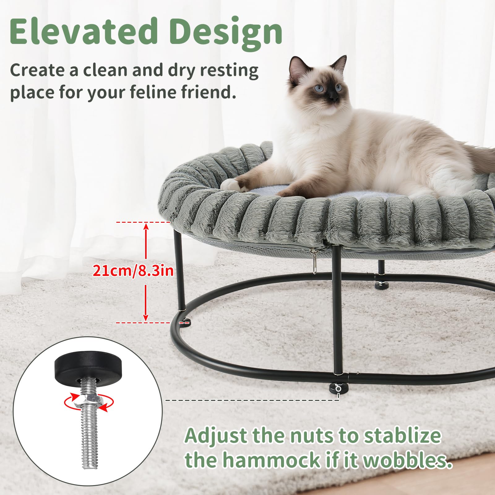 GUUSII HOME Elevated Cat Bed Raised Kitty Hammock for Indoor Cats Large Kitten Sofa Puppy Chair Pet Couch with Free-Standing Metal Frame Washable Padding Cushion Easy Assembly 58.5 * 43 * 21cm (Grey) - Image 2
