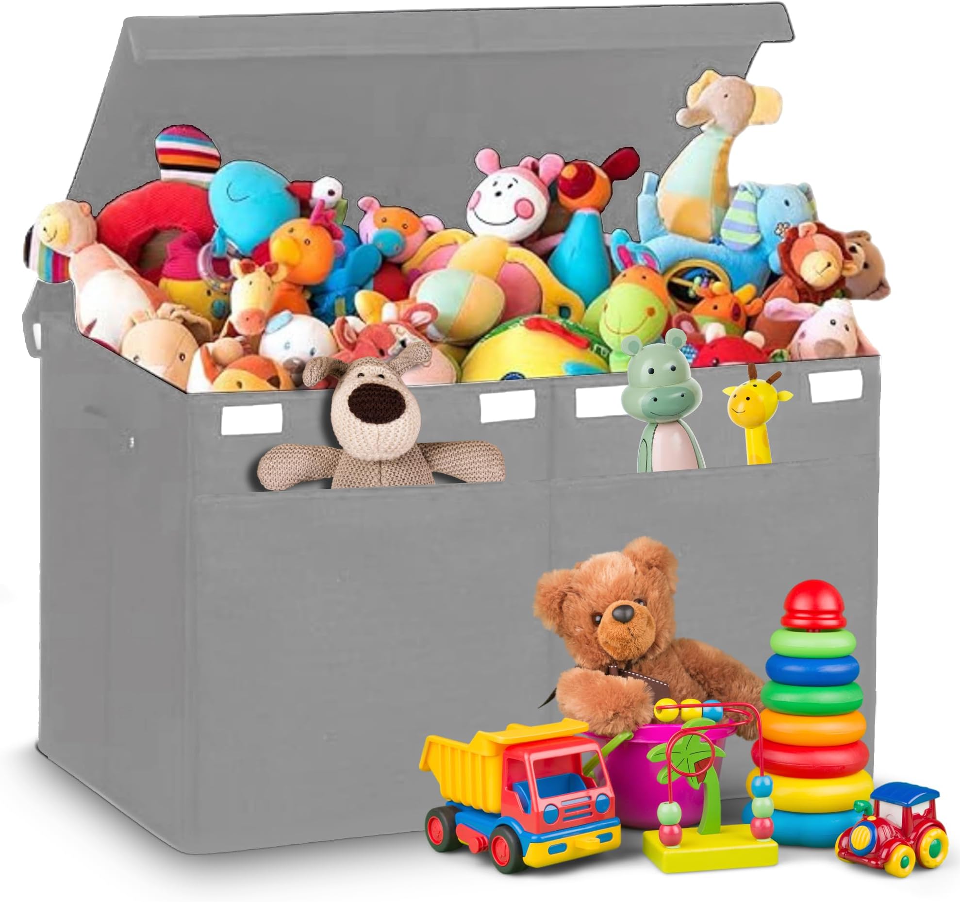Large Lightweight Foldable Fabric Storage Box with Lid, Collapsible Toy Box Bins Baskets with 2 Large Pockets for Kids, Clothes, Books,62x42x33cm(Gray)
