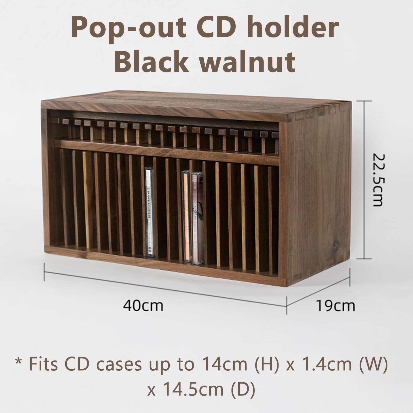 Supporto per CD e DVD, in legno, capacità 19 CD, comodo pulsante pop-up, ideale per casa, ufficio, sala musica, sala teatro