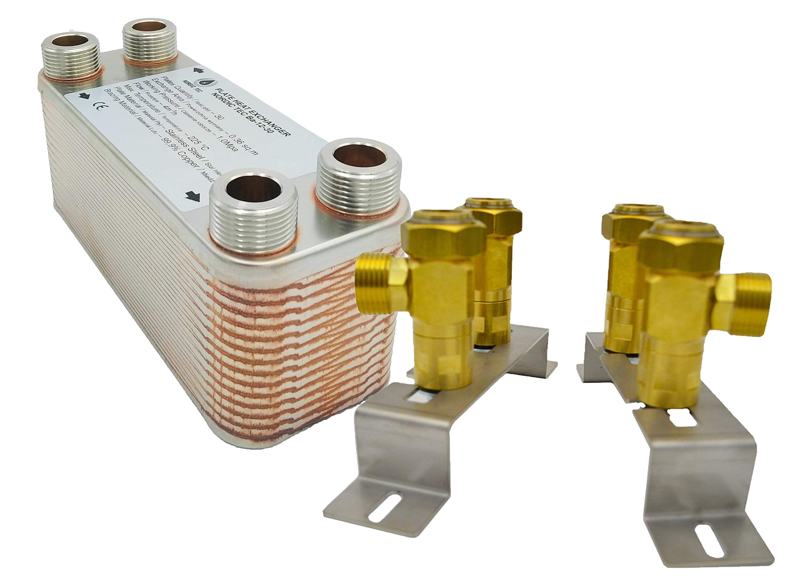 Intercambiador de calor Nordic Tec Ba-12-30 de acero inoxidable, 30 placas, 65 kW, 3/4" con fijación a pared y piezas de conexión.