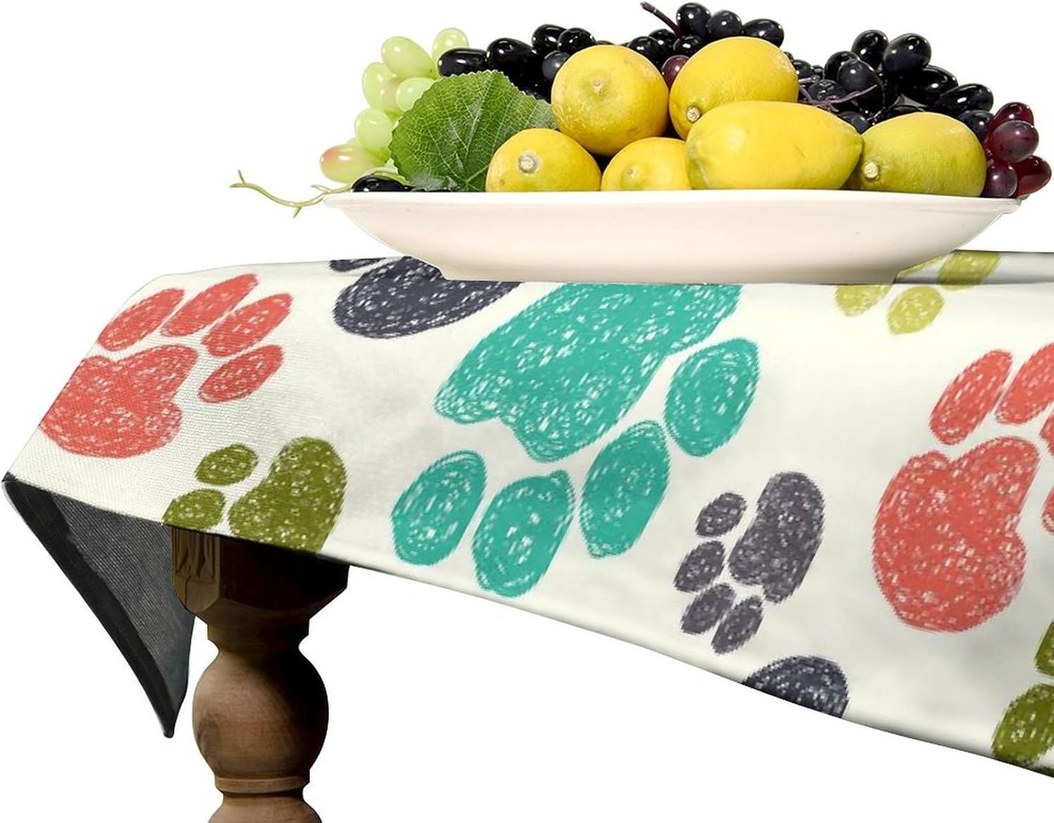 Paw Prints Round Table Cloth,Cute Cartoon Colorful Tablecloth Dog Paws Abstract Pattern Washable Table Covers Party Picnic Dining Room Kitchen Indoor Outdoor 55x110in