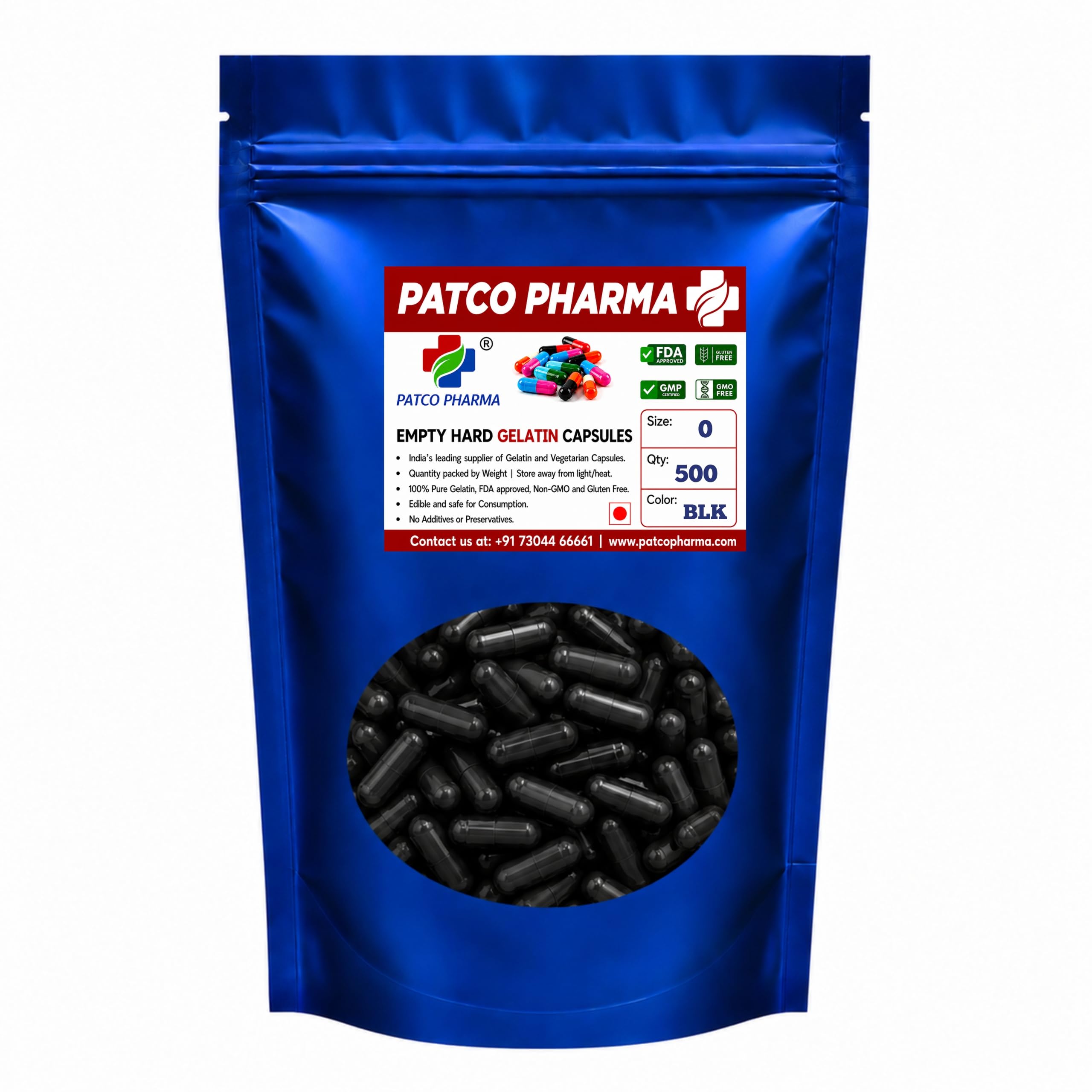 PATCO PHARMA RAW MATERIALS & EQUIPMENTS - Size 0 Black Empty Gelatin Pill Capsule - Gluten Free | Diy Powder Filling (Pack Of 500)