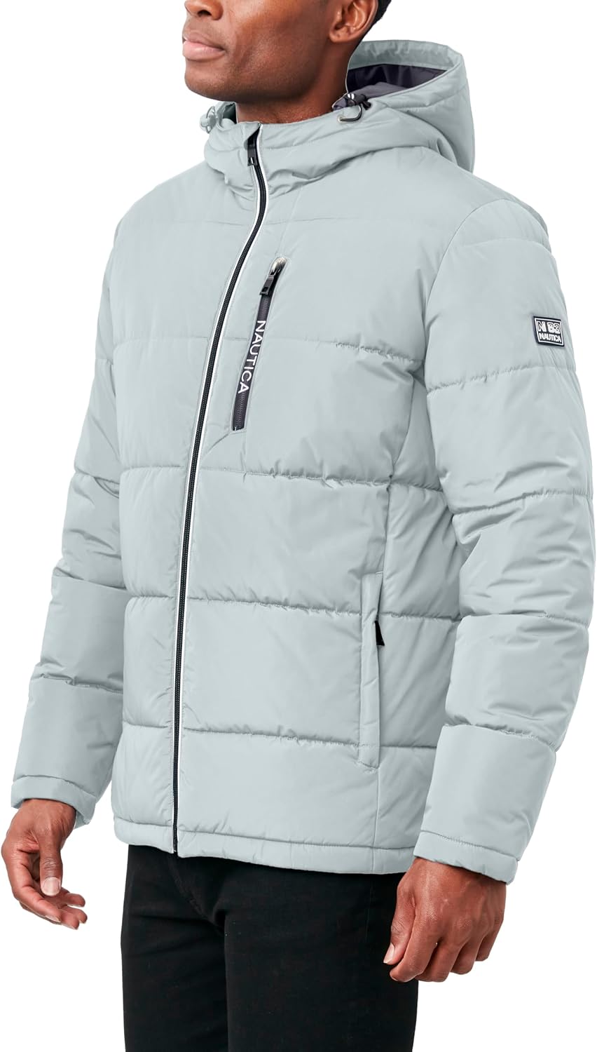 Nautica Men's Midweight Quilted Faux Memory Puffer Jacket –Adjustable Hood Insulated Winter Coat