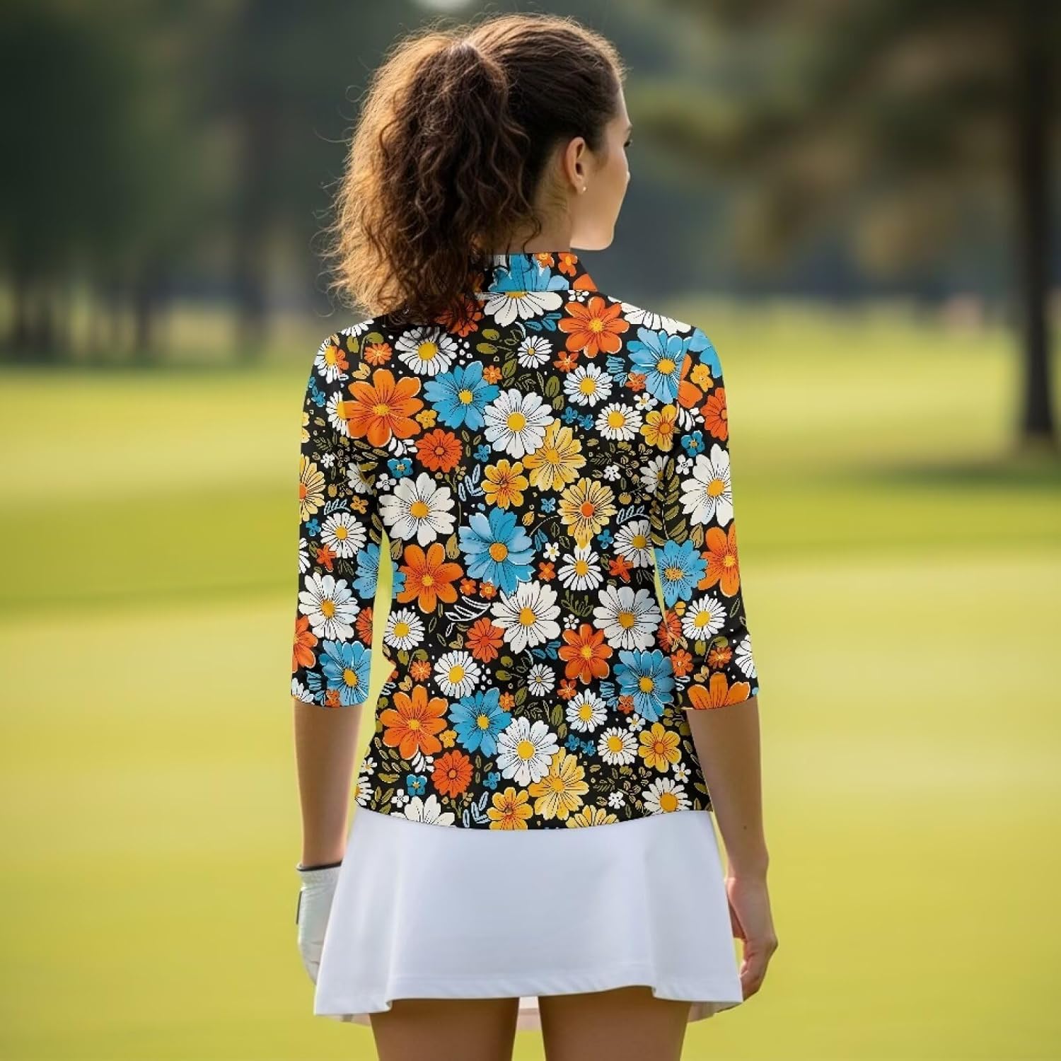 Women's Golf Polo Shirts 3/4 Sleeve Collared V Neck Tennis Shirt Summer Quick Dry Moisture Wicking 1/4 Zip Golf Top