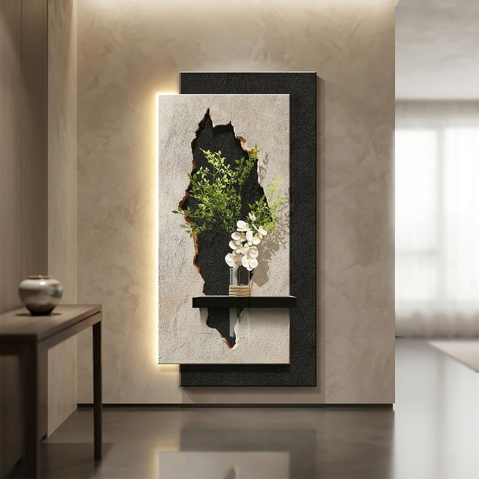 YHTCSXMD Modern Sandstone Wall Art with LED Lights, 3D Textured Wall Sculpture with Vase and Faux Greenery, Plug-in Power Supply for Living Room, Bedroom(60x120cm/23.6x47.2in,A)