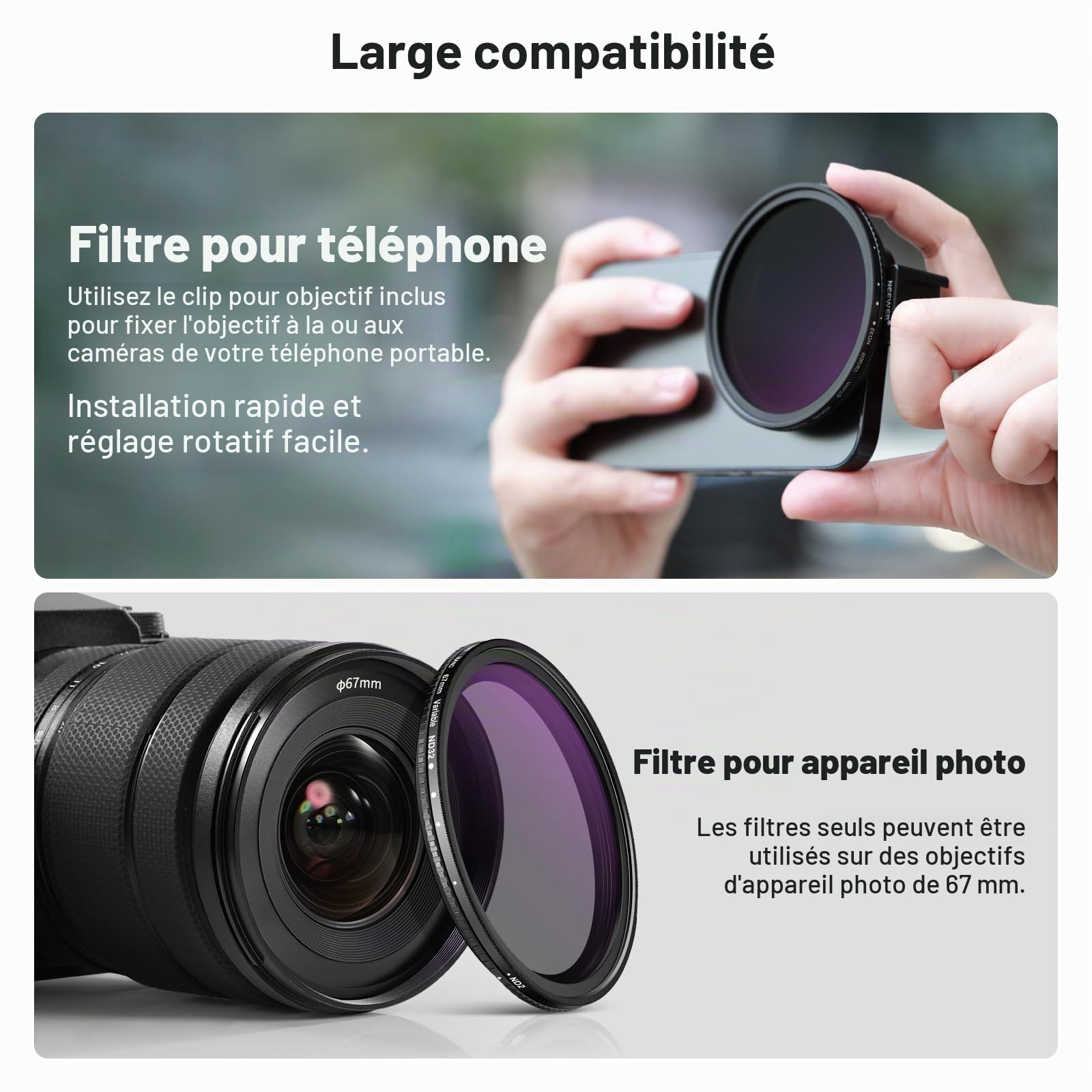Neewer Kit de Filtre d'objectif de téléphone à Clipser Variable ND2-ND32 de 67 mm, Clip de téléphone avec Anneau Adaptateur fileté/Griffe/Bouton de Verrouillage, Filtre ND Variable HD pour iPhone 15