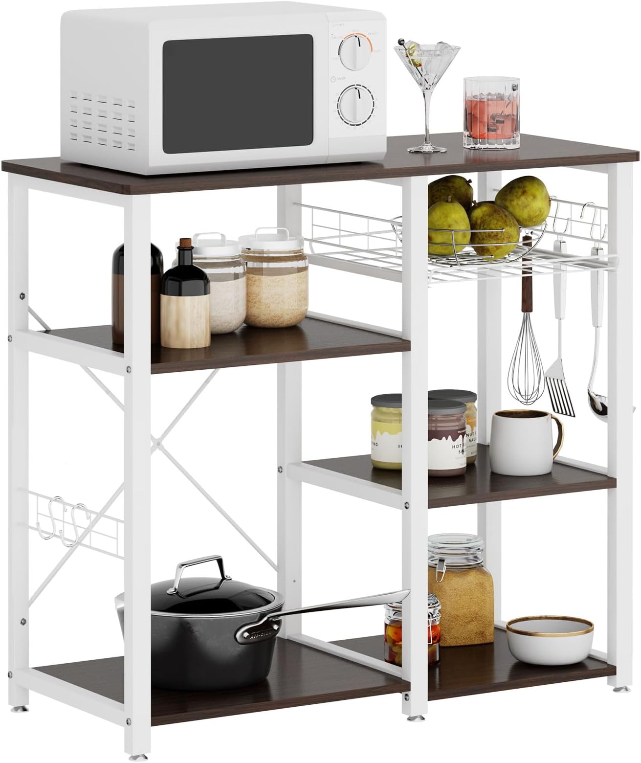 3-Tier Kitchen Baker's Rack with Storage, Microwave Stand, Kitchen Storage Rack, Shelf Organizer, Coffee Bar Station, Workstation Cart, Walnut Black