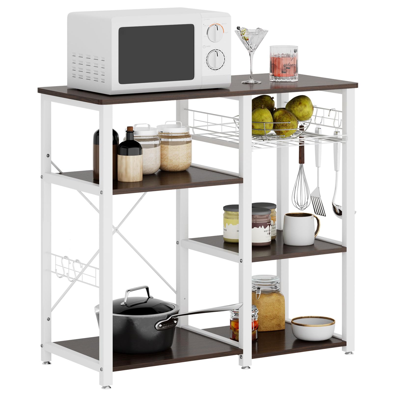 3-Tier Kitchen Baker's Rack with Storage, Microwave Stand, Kitchen Storage Rack, Shelf Organizer, Coffee Bar Station, Workstation Cart, Walnut Black