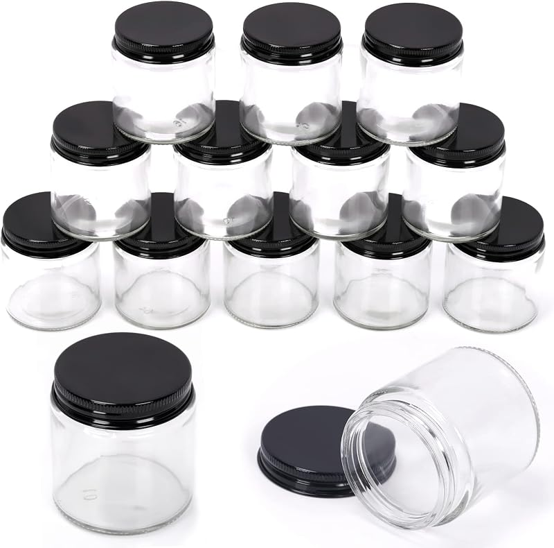 Swpeet Kit com 12 Frascos de Vidro Transparentes de 120 mL com Tampas Pretas