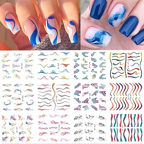 12 hojas de calcomanías onduladas para arte de uñas, transferencia de agua, líneas de colores, calcomanías de uñas de arco iris 3D para diseño de