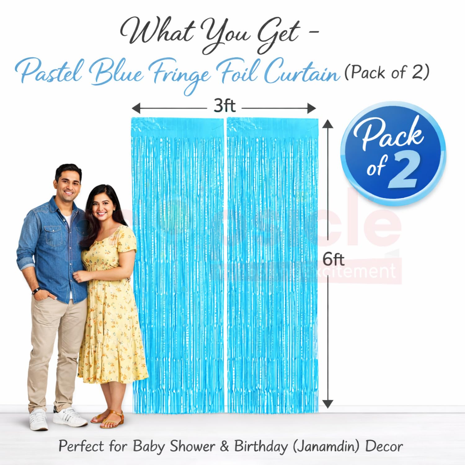 Propsicle Pastel Blue Foil Fringe Curtains Welcome Baby Boy Decoration