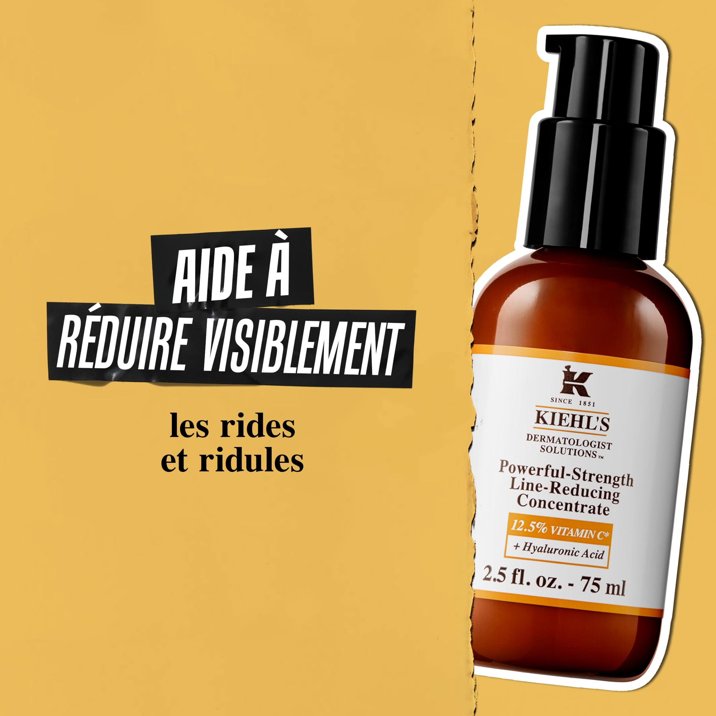 Kiehl's, Sérum Visage Anti-Rides, Powerful-Strength Line-Reducing Concentrate, Riche en Vitamine C à 12,5% et en Acide Hyaluronique, Réduit l’Apparence des Rides