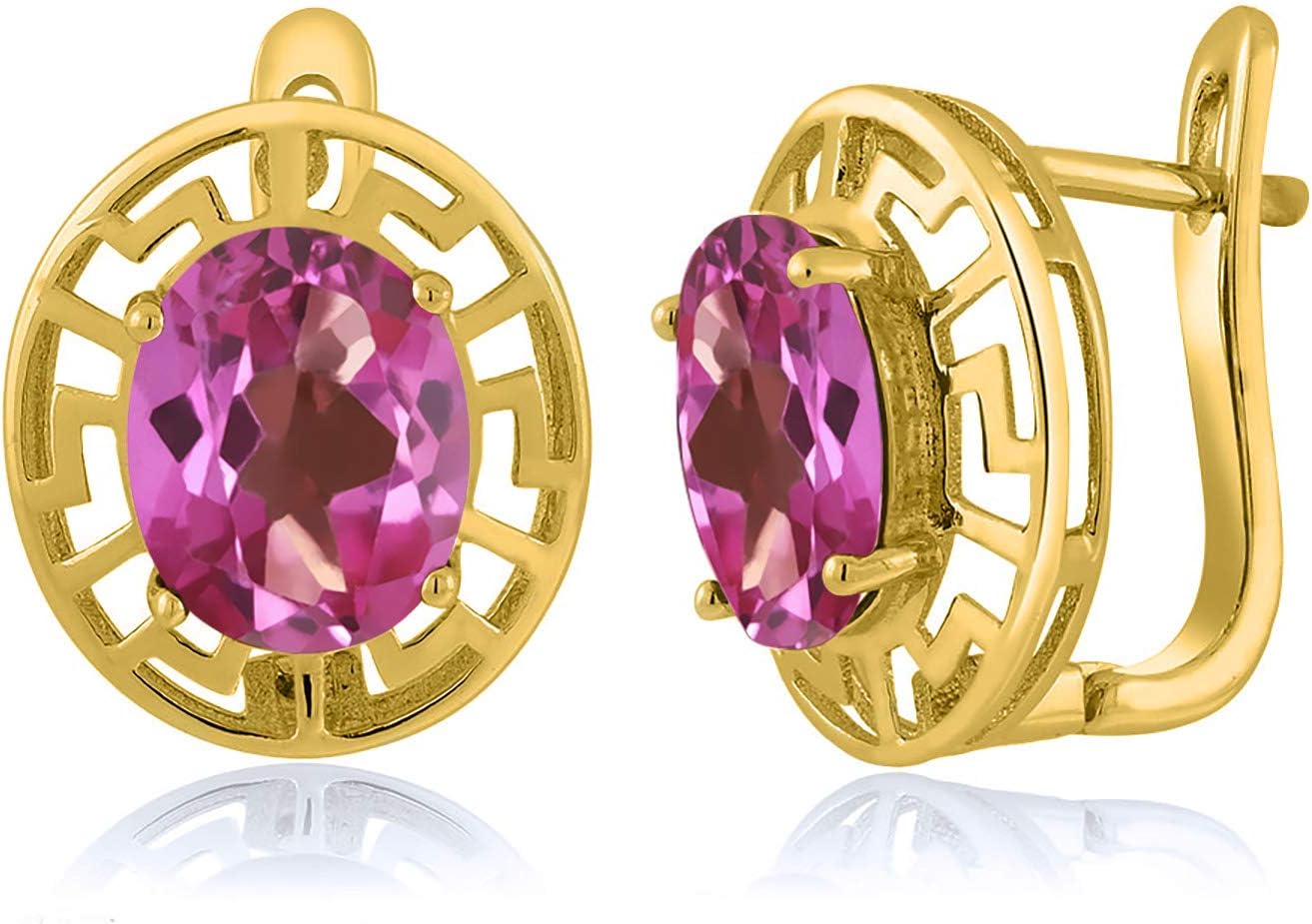 Gem Stone King 18K Yellow Gold Plated Silver 10X8MM Oval Gemstone Birthstone Greek Key Earrings For Women | Fine Jewelry Gifts for Her Mom Women Wife