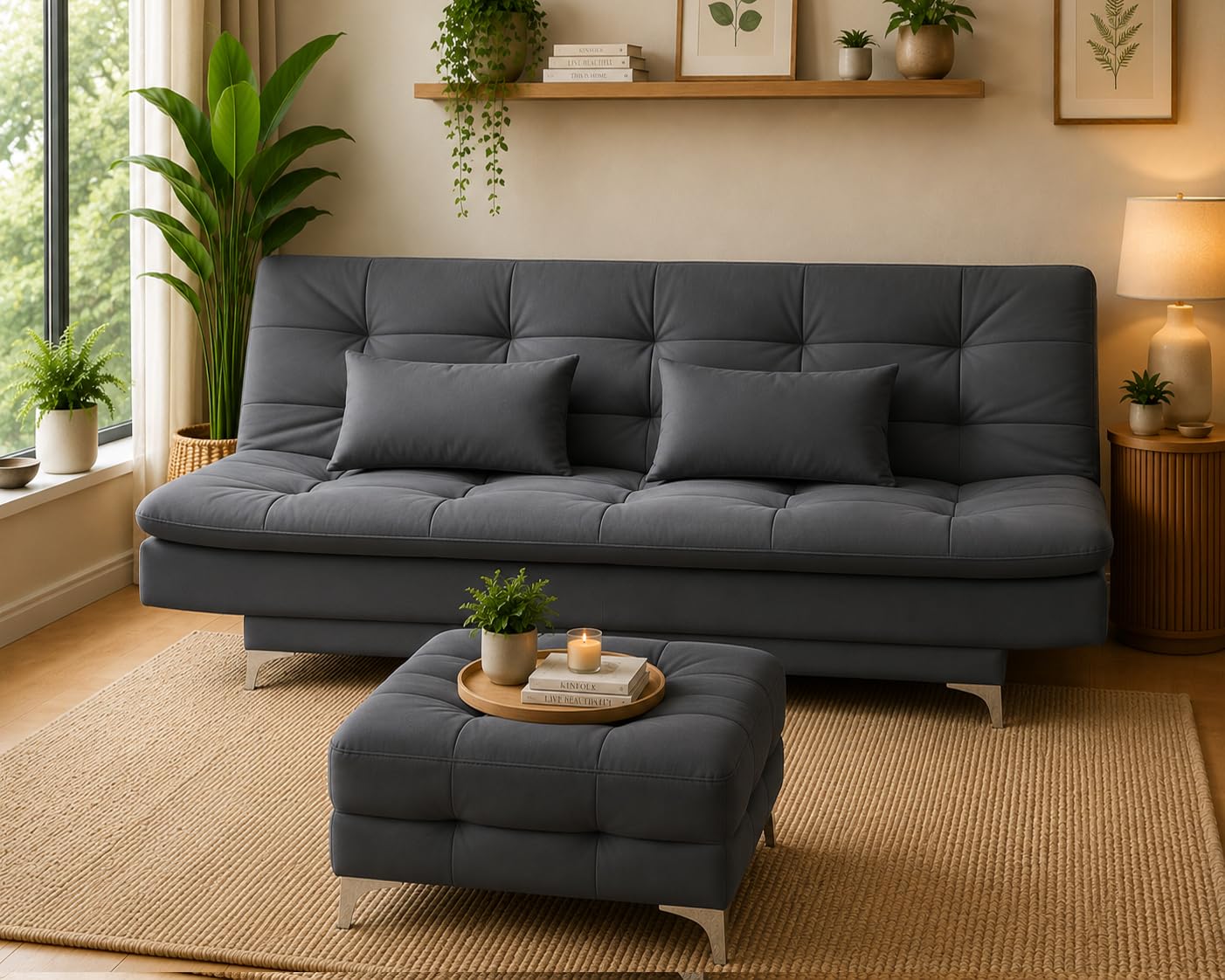 Krancy Solid Wood 3 Seater Sofa Cum Bed with Ottomon | Convertible Wooden Couch for Living Room, Home & Office | Modern Designer Furniture | 1 Year Warranty | Dark Grey Color-image-43