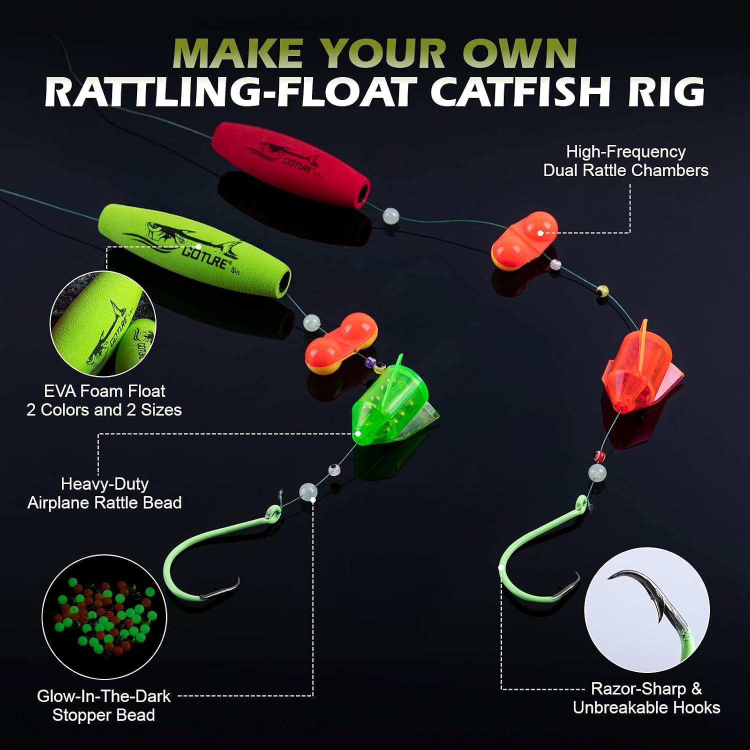 Goture Catfish Rig Making Kit,274pcs/300pcs Catfishing Tackle | Luminous Fishing Hook Swivel Sinker Weights Rattle Float Bobber Stoppers,Catfish Rigs Accessories & 3600 Tackle Box