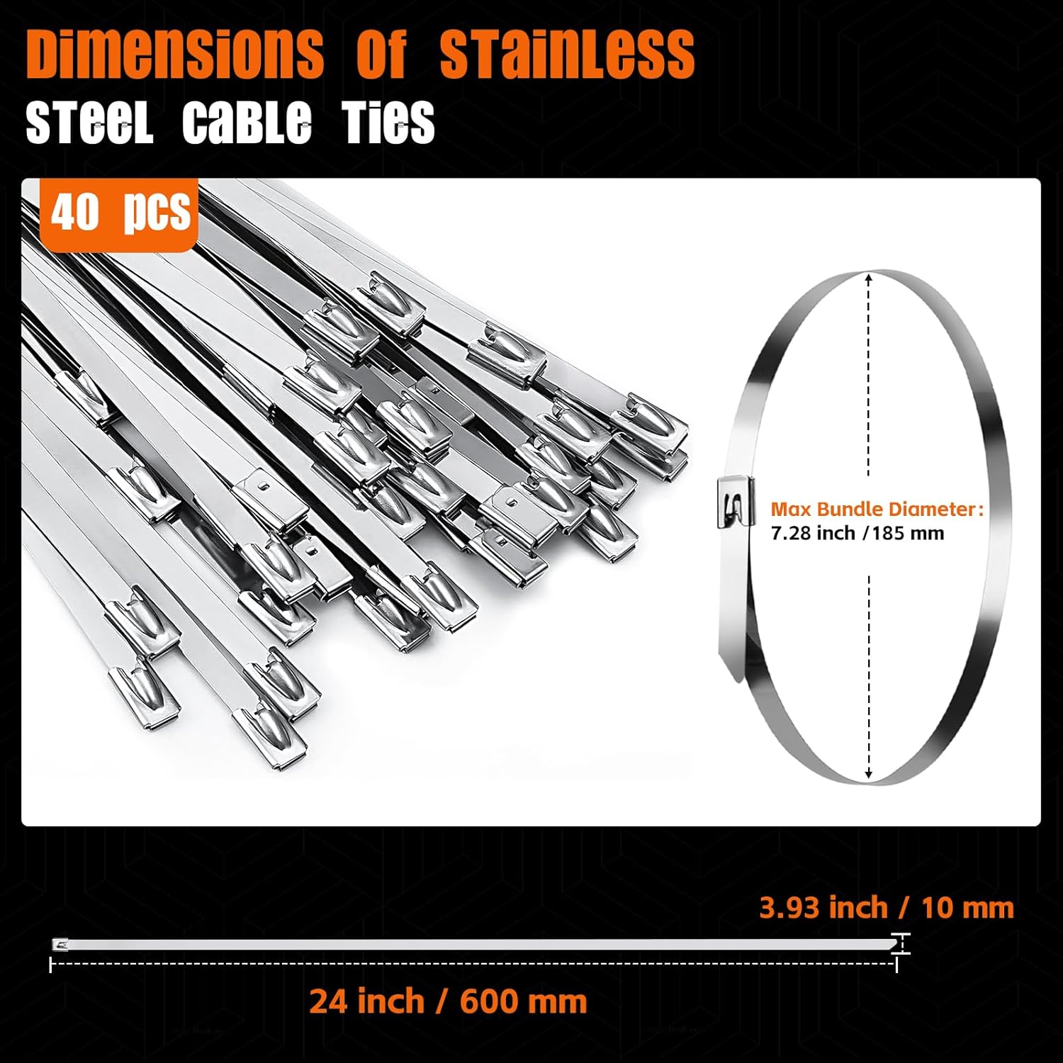 24 Inch Metal Cable Zip Ties, Stainless Steel Zip Ties Long,500 Lbs Heavy Duty Self-Locking Strap Ties, Steel Cable Tie, 40 PCS Strength for Exhaust Wrap, Garden Ties, UV Resistant Cable Ties
