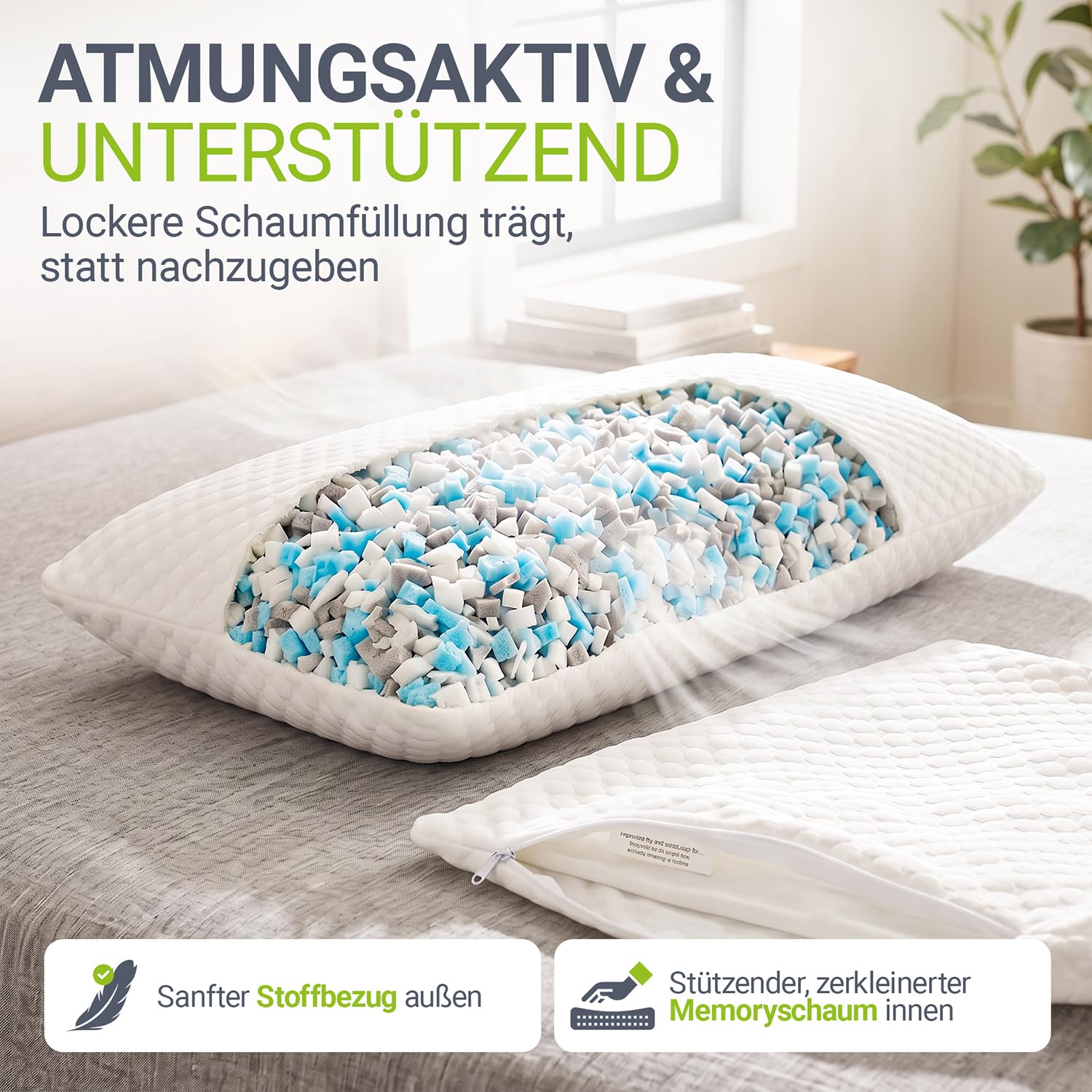 Juskys Kopfkissen 2er Set 40x80 cm – Memory Foam Kissen mit atmungsaktiver Füllung & waschbarem Bezug – Weiß
