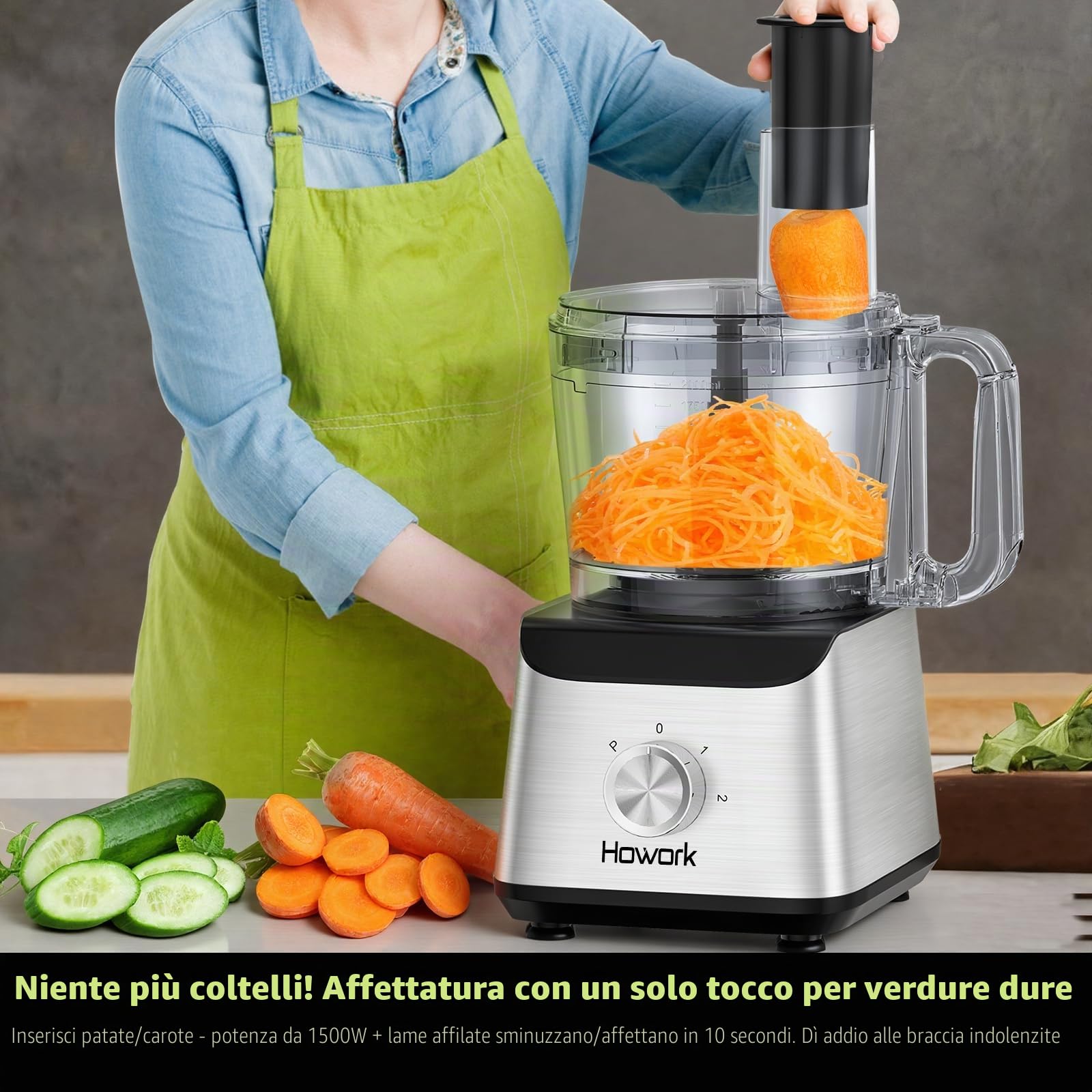 Howork Robot da Cucina multifunzione 1500W, Multifunzione di Grande Capacità, Per Tritare, Affettare, Sminuzzare, Tritare, Frullare, Sminuzzare,Farcire e Impastare, Acciaio Inox Nero