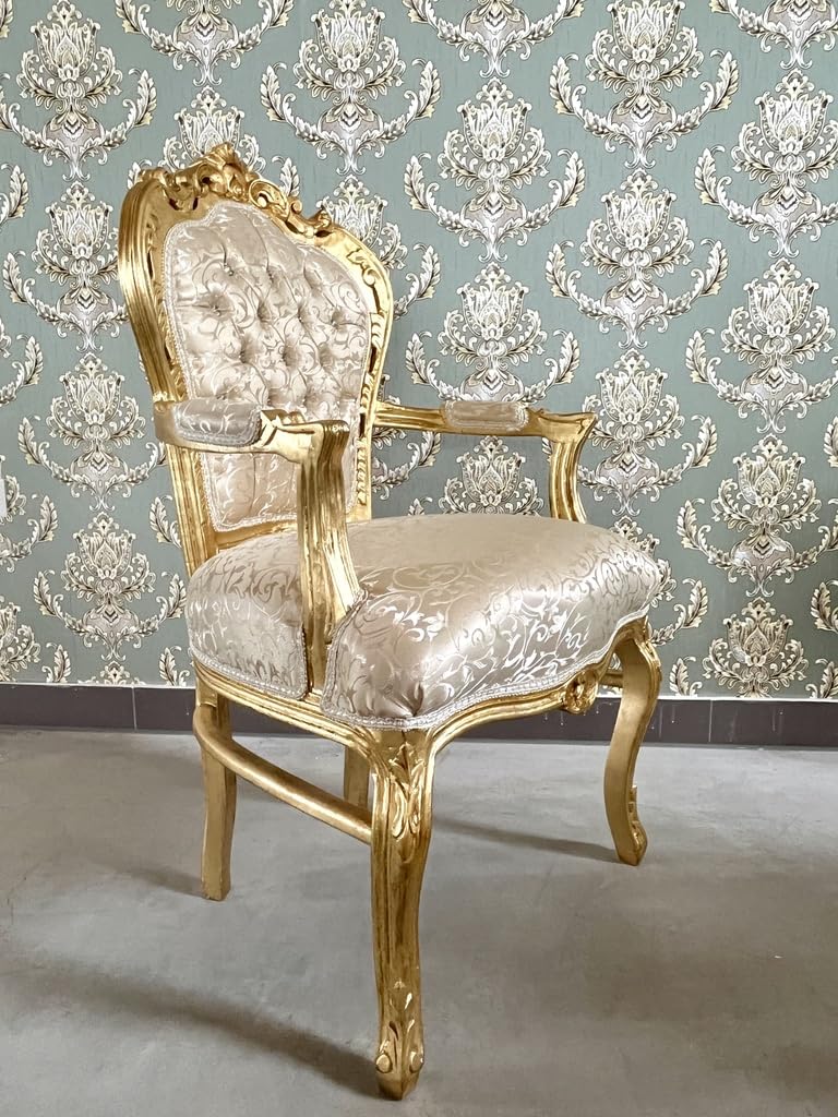 Fauteuil French Louis Style en beige brillant, style baroque, rococo antique, reproduction de la chaise en finition dorée pour la décoration de la maison ou de la boutique