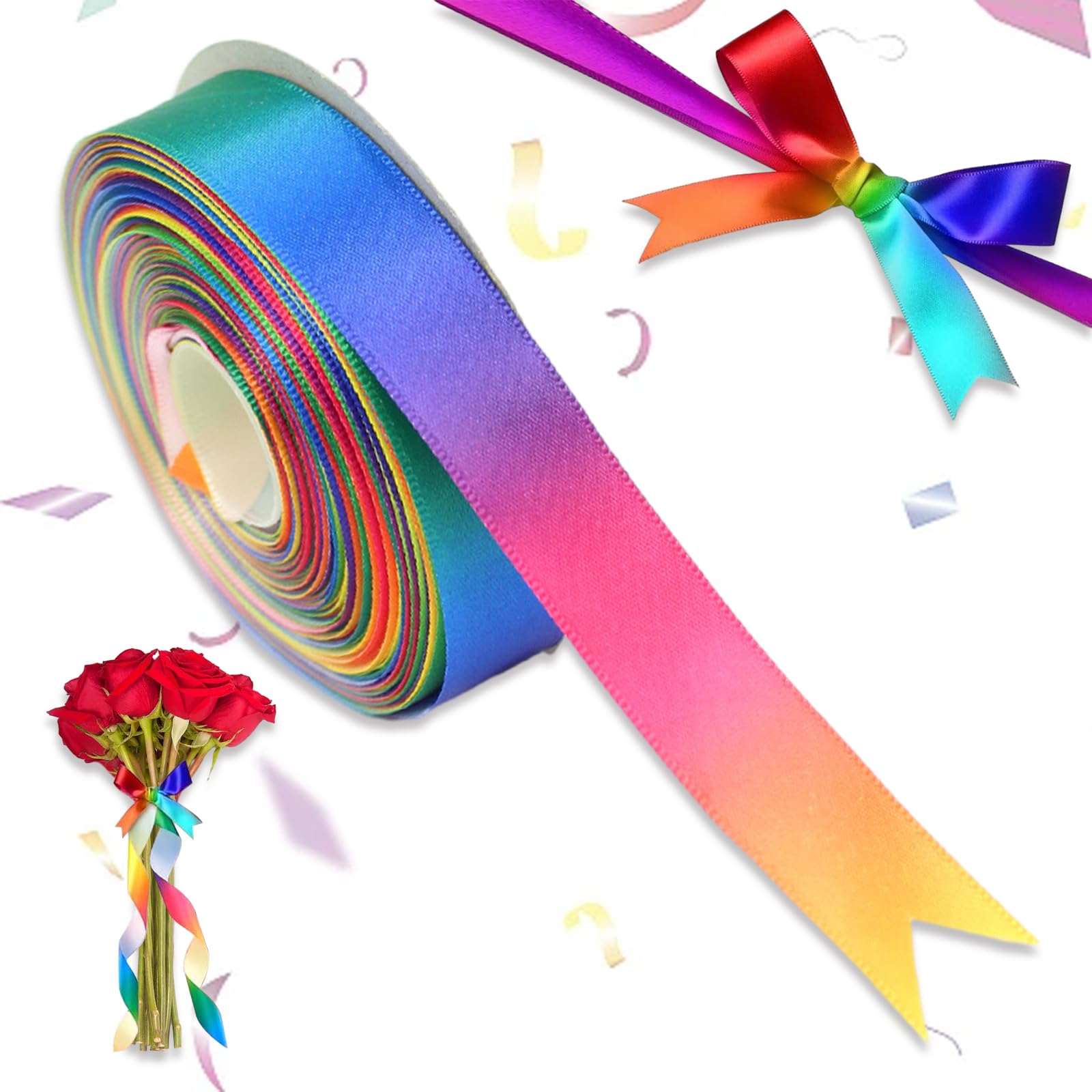 DINDOSAL Nastro di raso color pastello arcobaleno da 3,8 cm, per festa di Pasqua, 6 rotoli di nastro multicolore per baby shower, feste di compleanno, matrimoni, 27,1 m