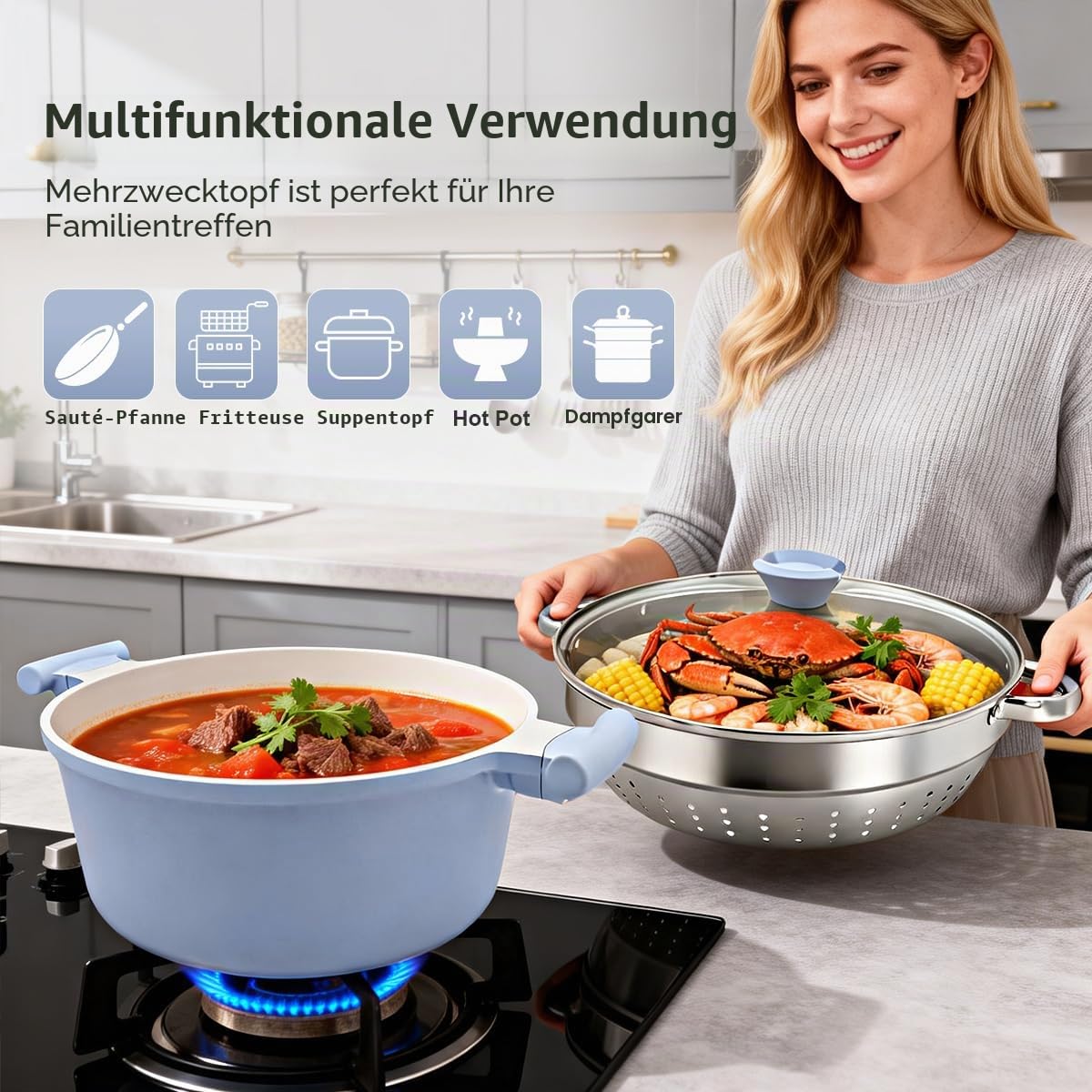 Kochtopf 28cm mit Dampfkorb, 7L Keramik-Dampfkochtopf mit Deckel- Blau