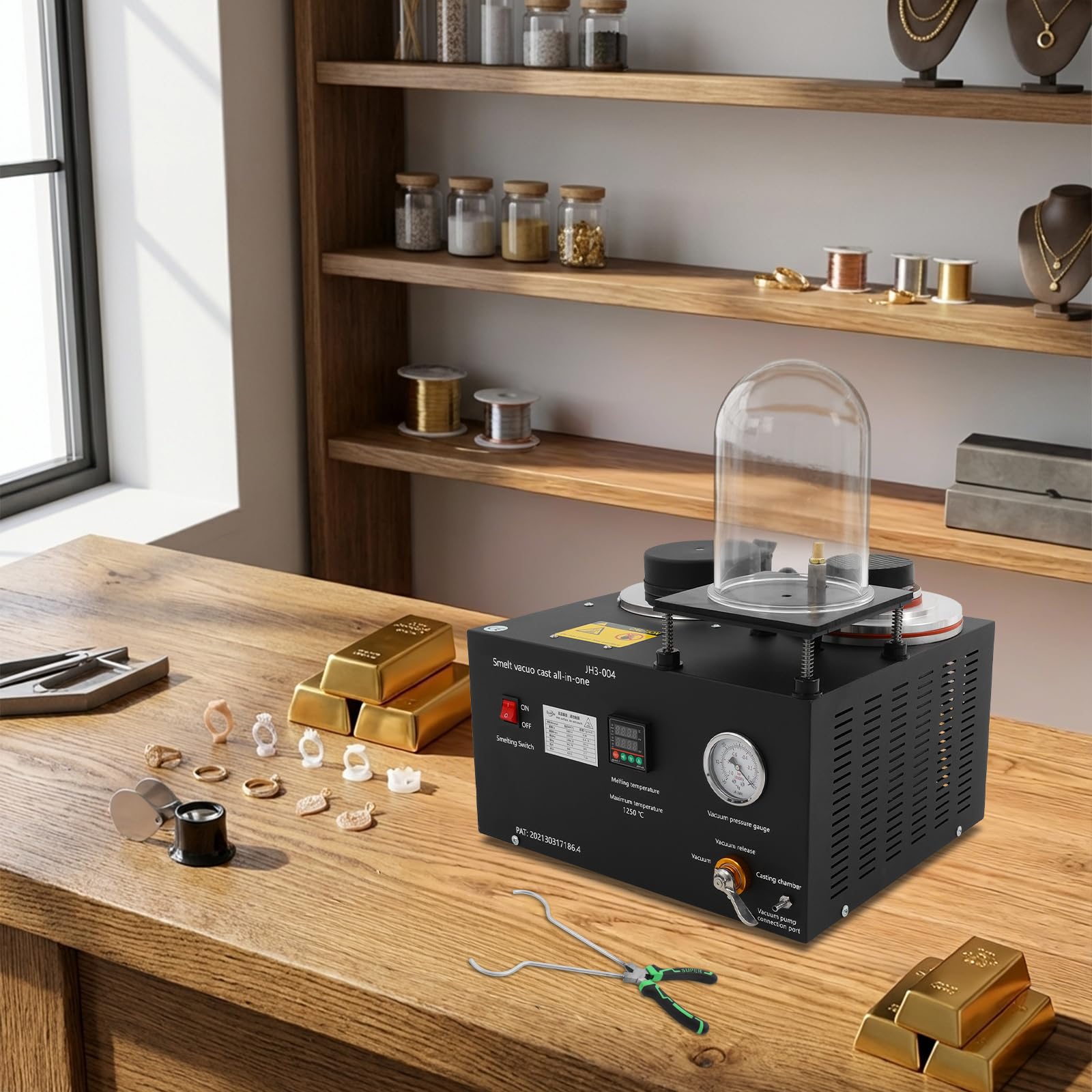 Schmelzofen 2kg, Elektrischer Goldschmelzofen 1500W 220V EU, Vakuumguss- und Schmelzmaschine mit digitaler Anzeige, Hochtemperatur Gusswerkzeug für Edelmetall und Schmuckherstellung