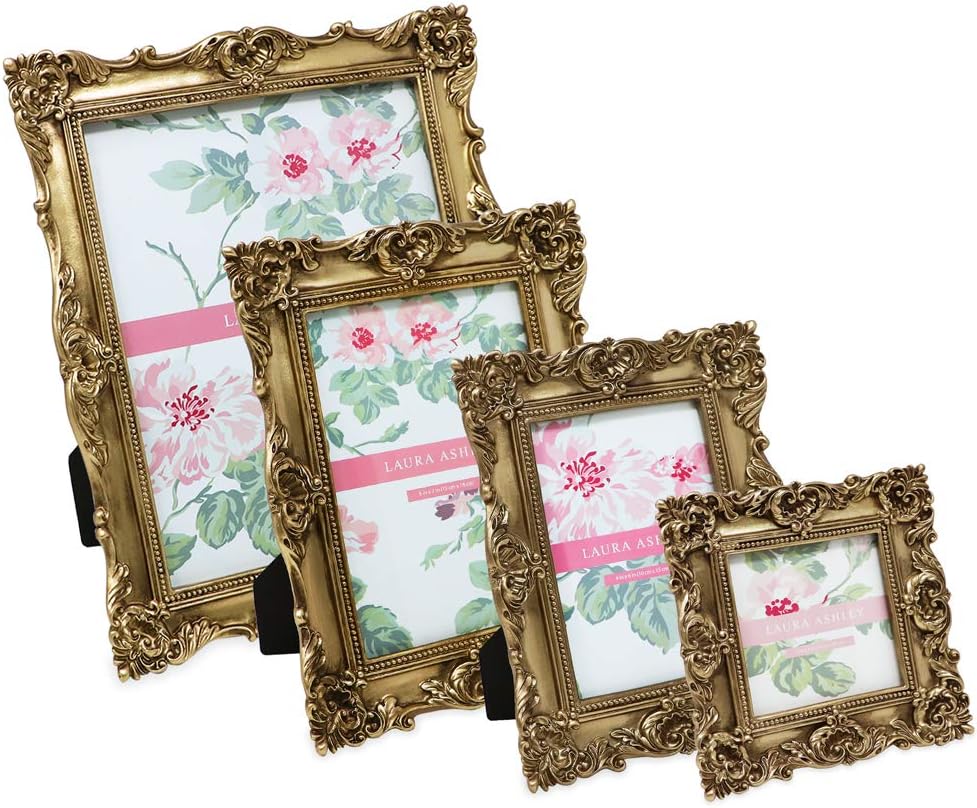 Laura Ashley 8x10 Gold Ornate Textured Hand-Crafted Resin Picture Frame with Easel & Hook for Tabletop & Wall Display, Decorative Floral Design Home Decor, Photo Gallery, Art, More (8x10, Gold) -