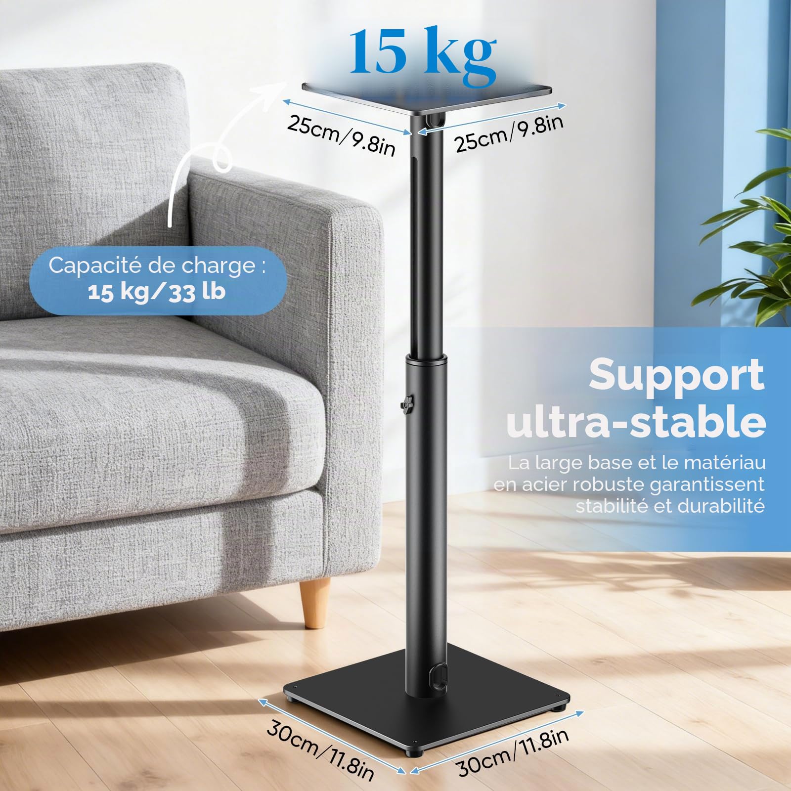 1 paire de supports d'enceintes universels réglables en hauteur de 72 à 120 cm avec gestion des câbles stable, capacité de charge de 15 kg