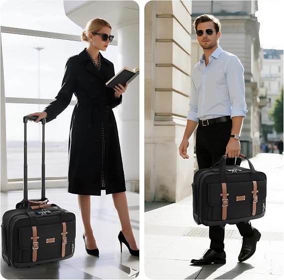 AUROTIER Rolling Laptop Bag Briefcase 17 Inch Computer Bag for Men Women Rolling Under Seat Carry On Luggage for Work, Travel, College, Brown, Medium, Fashion