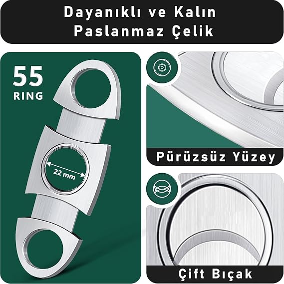 Valkyrie Premium Paslanmaz Çelik Puro Makası Kılıflı Çift Bıçaklı Puro Kesici Kahverengi Deri Kılıf