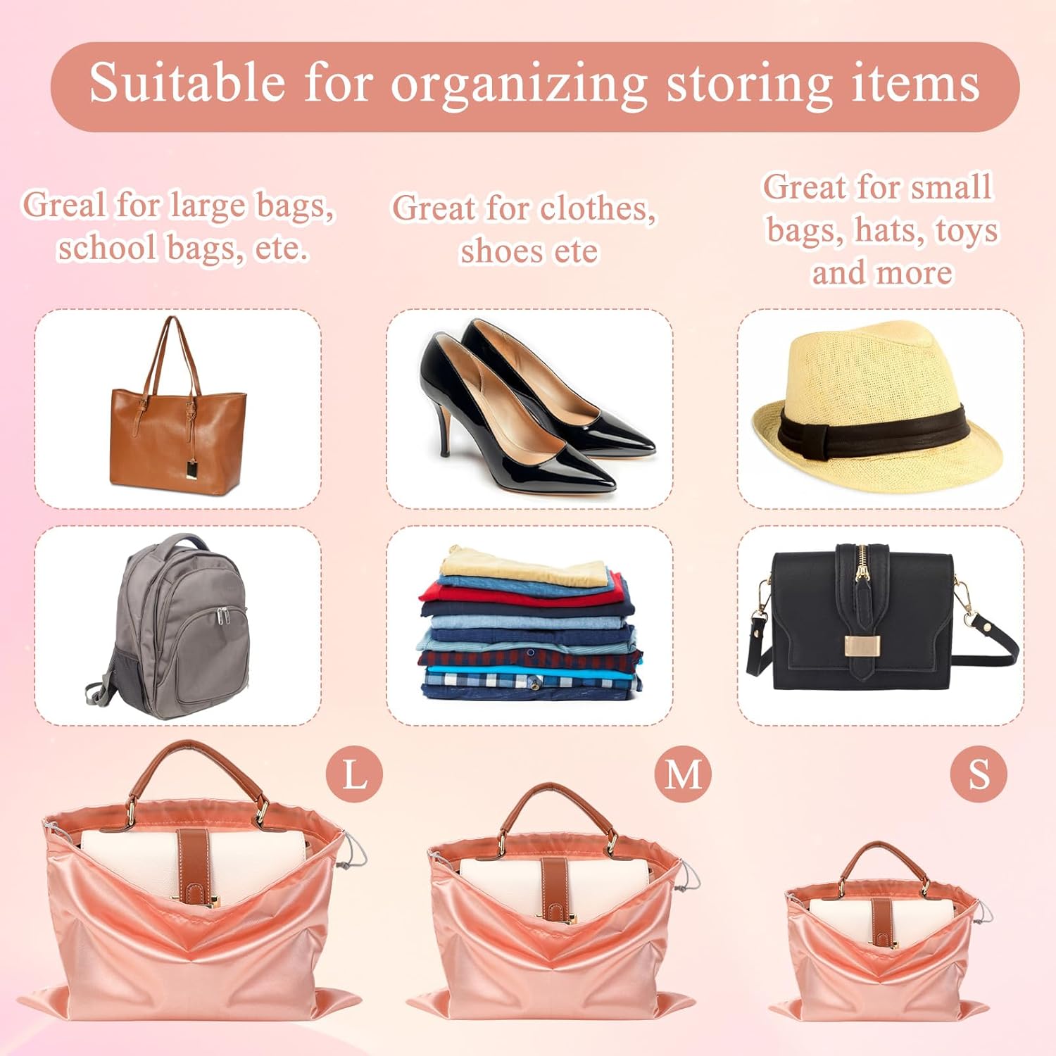 12 Pack Dust Bags for Purses and Handbags - 3 Size Premium Polyester Purse Dust Bags for Storage with Drawstring, Pink Protective Covers for Luxury Bag Shoes Boots Travel Organization - Image 4