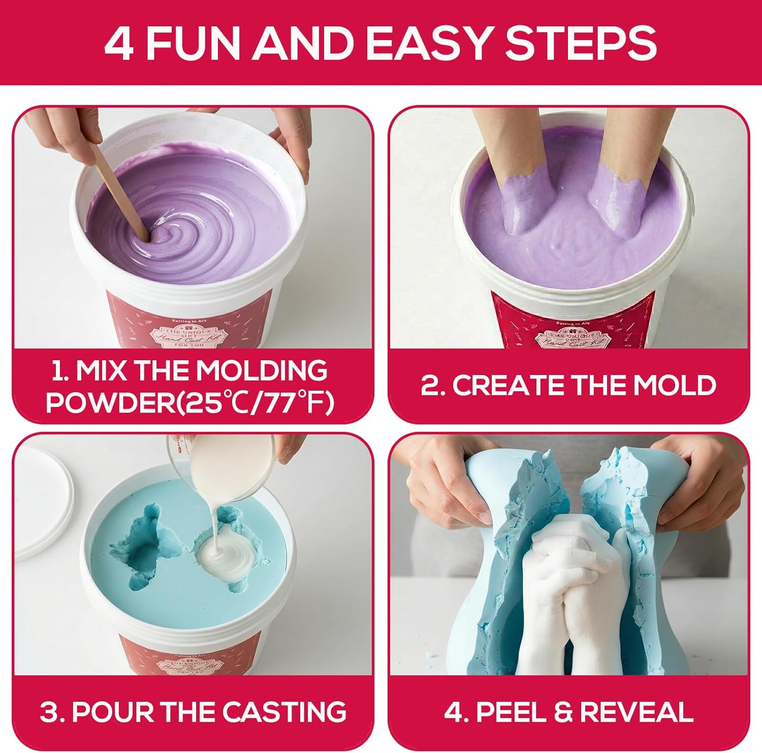 Falling in Art Hand Casting Kit Couples - Keepsake Plaster Hand Mold Kit for Family, Kids, Adults with Large Bucket, Gloves, Powder Materials, Color Paints, Wooden Base, Valentine's Day Gift