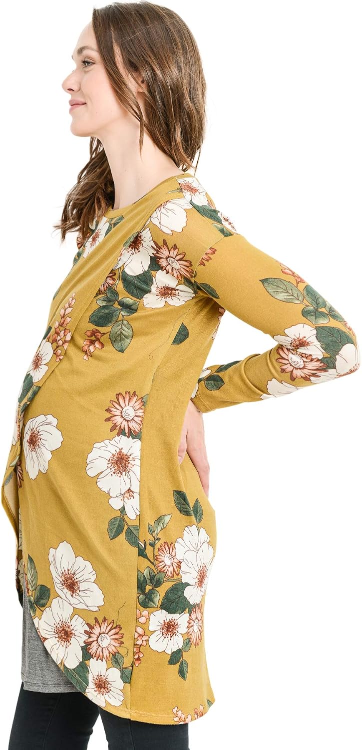 HELLO MIZ Women's Sweater Knit Long Sleeve Maternity Nursing Tunic Dress (Mustard/Charcoal, L)
