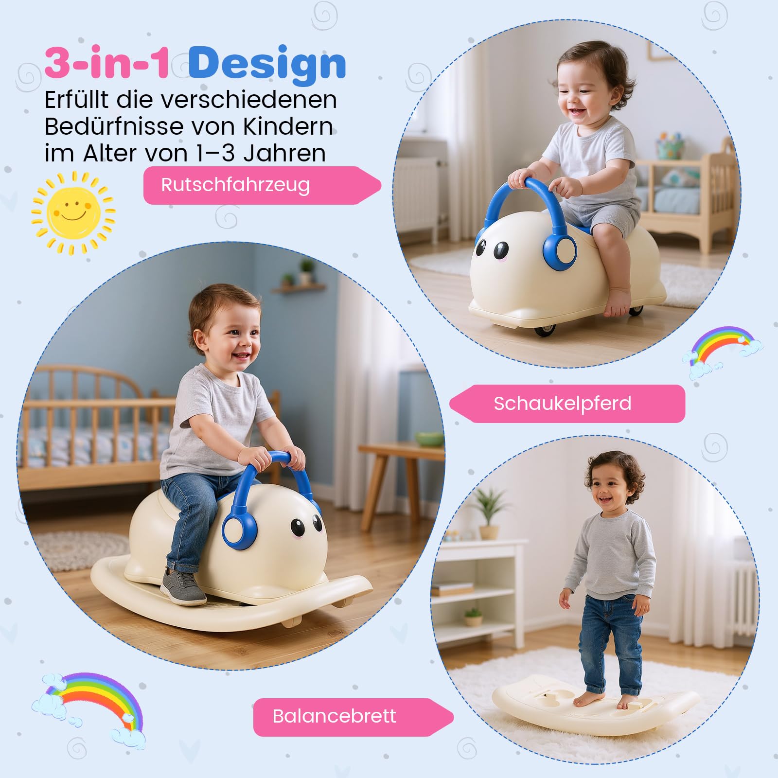 COSTWAY Schaukelpferd, Kinderwippe mit Rollen & verstecktem Stauraum, Schaukeltier mit Abnehmbarer Balancierplatte, 3 in 1 Rutschauto für Kinder ab 1 Jahr