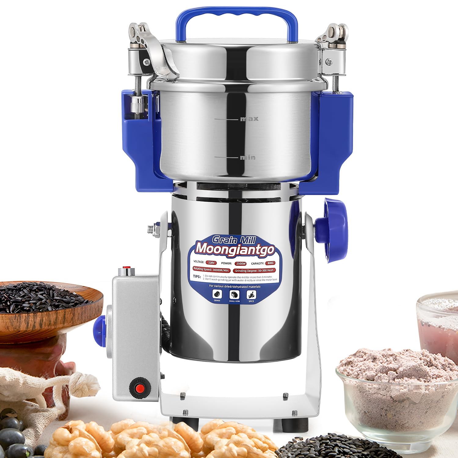 Moongiantgo Molino de Cereales Eléctrico 300g de Acero Inoxidable, 1500W 28000RPM Motor Comercial & 30s Molienda Superfina, Protección de Sobrecarga & Open-Cover-Stop, para Granos, Especias Y Más — view 10