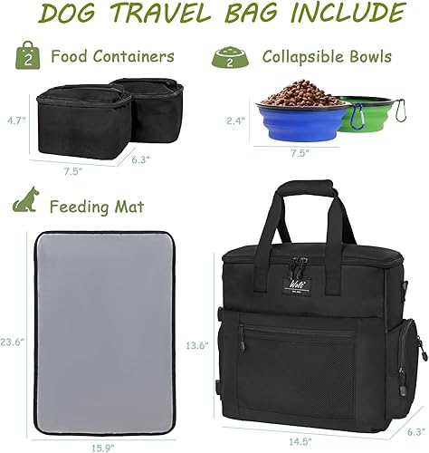 Miniatura 2 de WOLT Bolsa de viaje para perros para viajes y suministros con 2 cuencos plegables, 2 contenedores de alimentos, 1 tapete individual, color negro