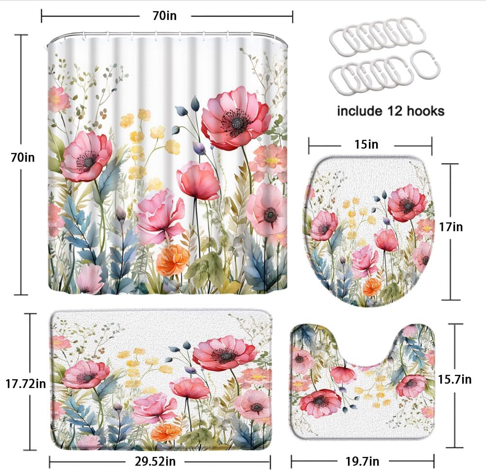 4 Piece Pink Floral Shower Curtain Set with Rugs, Toilet Lid Cover ,Spring Colorful Floral Wildflower Plant Leaves Watercolor Country Farmhouse Modern Women Girls Bathroom Shower Curtain with Hooks