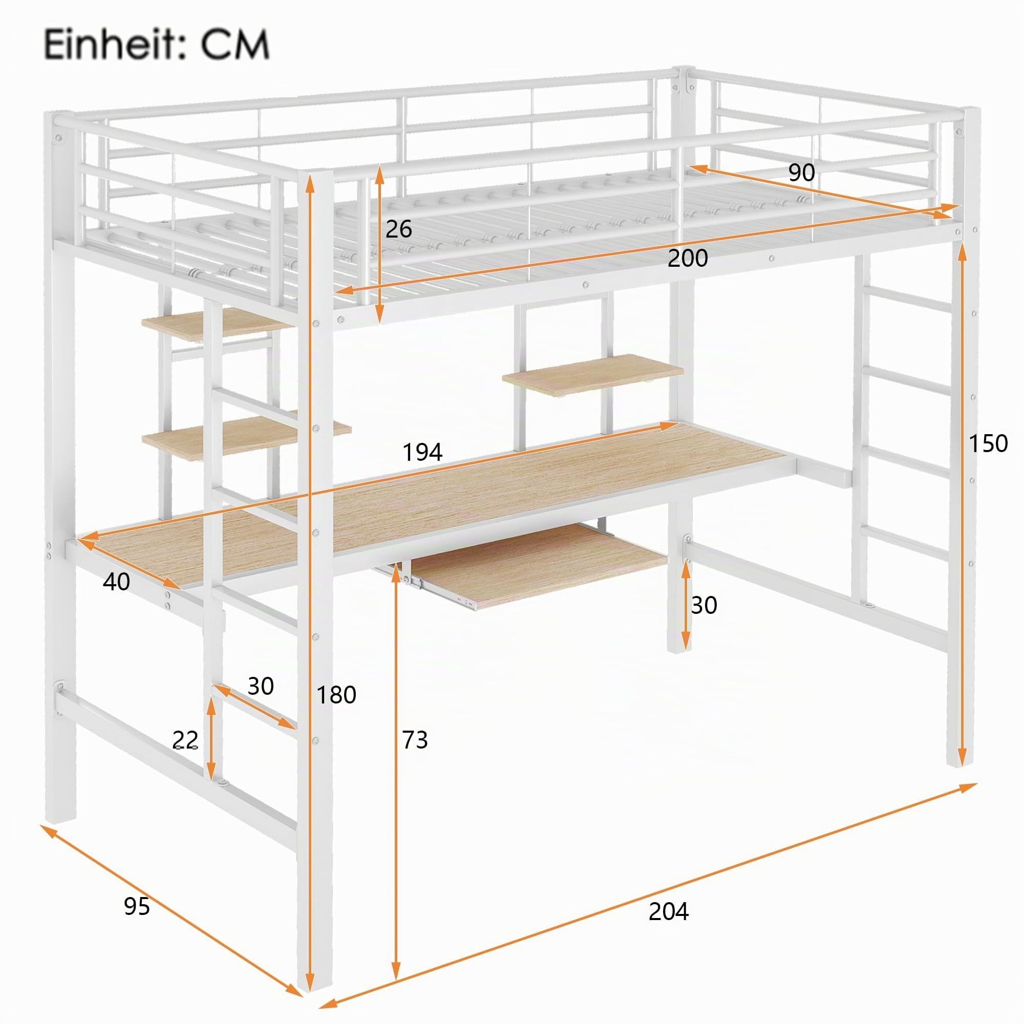 Moimhear Bettgestell Metallbett, Eisenbett, Hochbett mit Schreibtisch und Zwei Bücherregalen für Kinder, Jugendliche und Erwachsene (Weiß, 90x200cm)