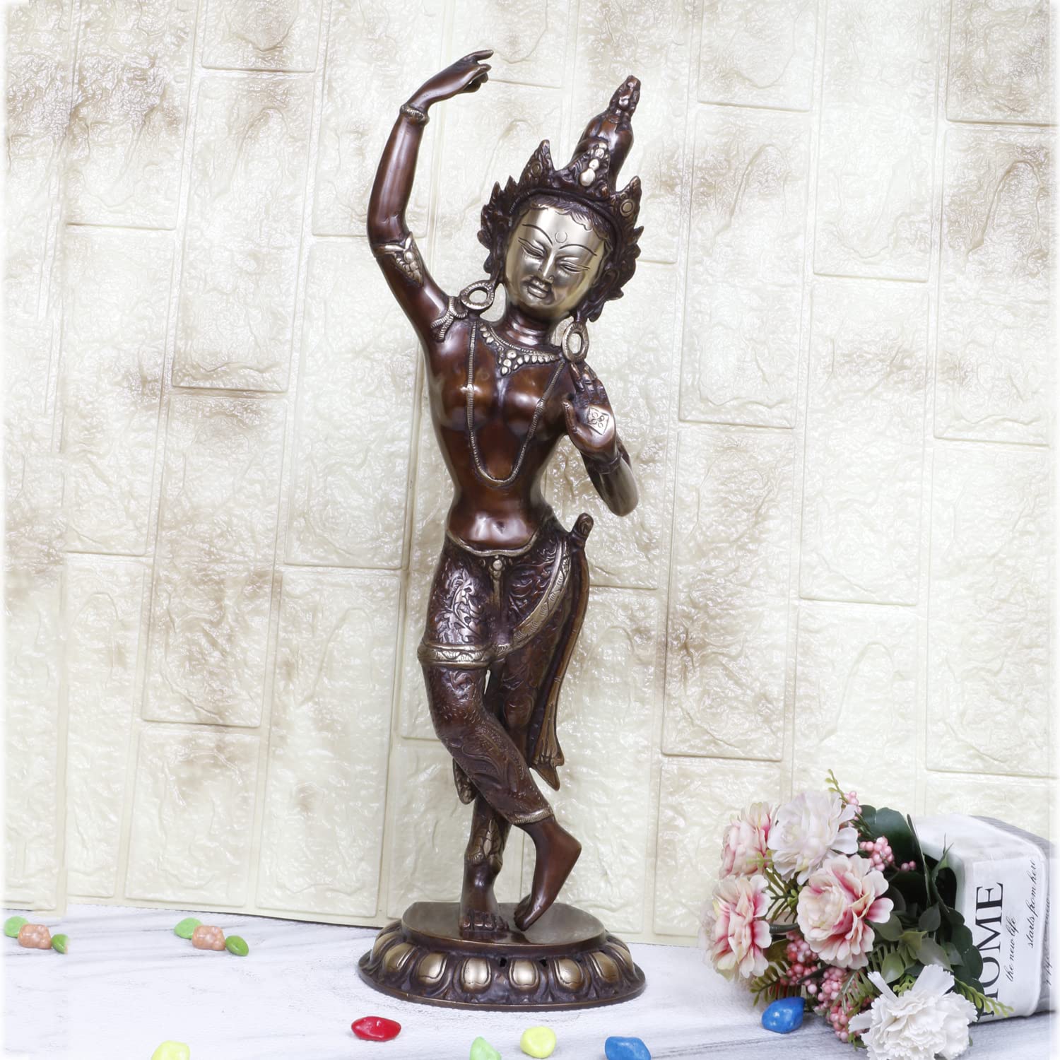 Artvarko 20 Inches Large Goddess Tara Brass Standing Statue Tara Statue for Health Happiness Wealth | Dancing Idol Home Decor Sculpture