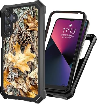 for Samsung Galaxy A25 5G Phone Case with Tempered Glass Screen Protector, Military Grade Shockproof Dual Layer Protection for Style, Camouflage Leaves Pinecone on Tree