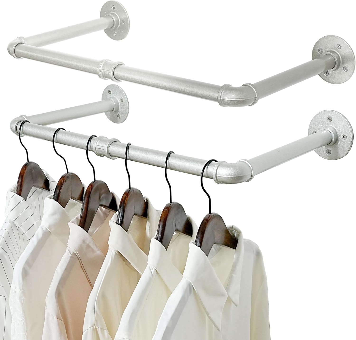 WEBI Industrial Pipe Clothing Rack,24" Wall Mounted Clothes Rack for Hanging Clothes,Heavy Duty Metal Garment Rack Bar Wall Mount Clothing Rod for Closet,Laundry Room,Silver,2 Packs