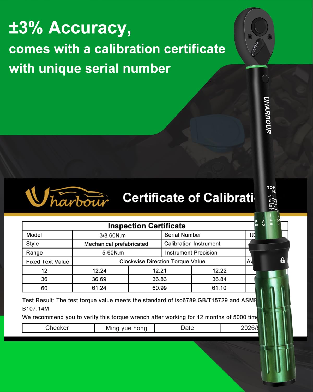 Uharbour Llave dinamométrica de 3/8 pulgadas, 5-60 Nm, 31 piezas, juego de llaves dinamométricas para motocicleta, ± 3% de precisión con extensiones, llaves de vaso y adaptador, carraca de 72 dientes