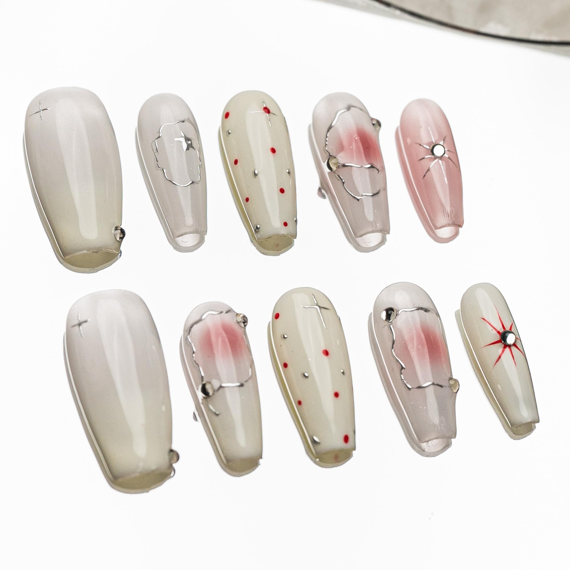 Sun&Beam Nails Handmade Press-on Long Coffin Ballerina Red White Black Silver Glam Halloween Ombre Design Fashion False Nail Tips 10 Pcs Set (#189 M) — view 69