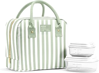 Fit & Fresh Bloomington Lunch Bag for Women - Insulated Large Lunch Box for Work with Containers, Leak-Resistant, Stain-Resistant, Zipper Closure, Thick Stripe Sage
